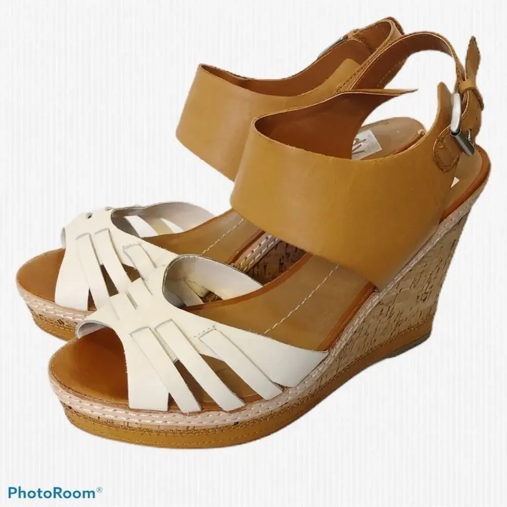 Dolce Vita White Tan Leather Cork Wedge Sandals 9.5